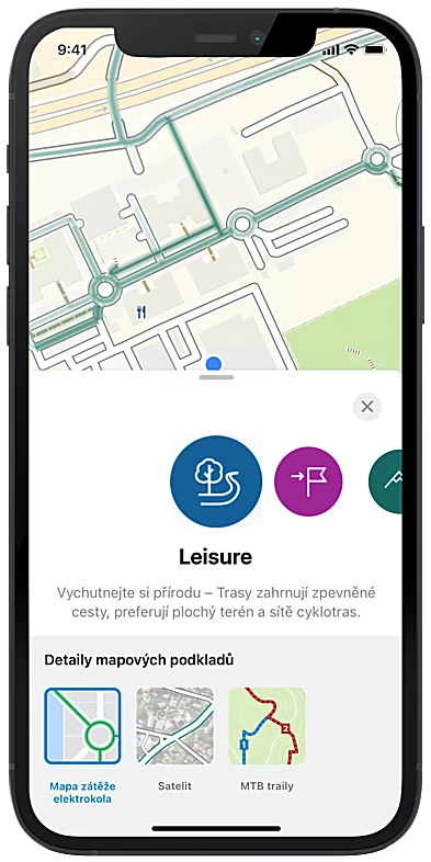 Profil trasy "Volný čas" v aplikaci eBike Flow s možnostmi nastavení pro zobrazení mapy.