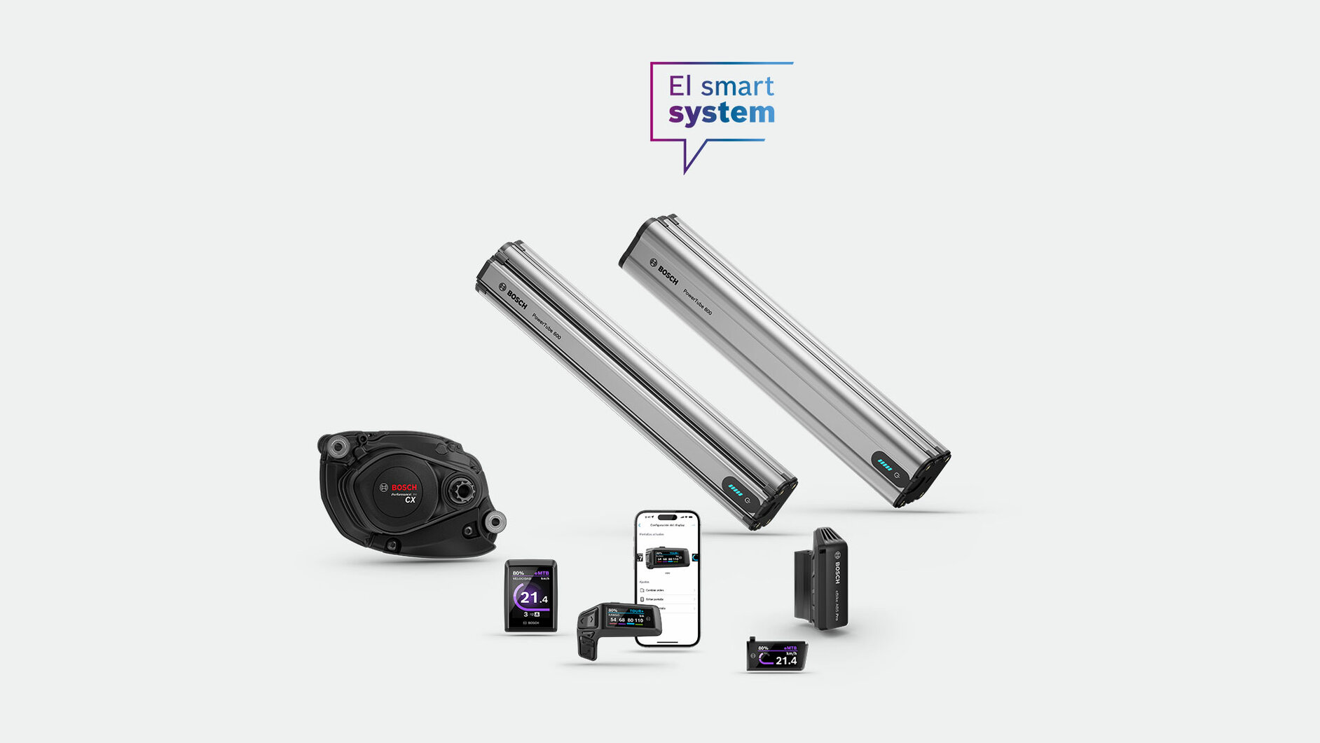 Representación recortada de PowerTube 600, PowerTube 800, Performance Line CX, Bosch eBike ABS Pro, Purion 400, asistencia de arranque en pendiente y Mini Remote sobre un fondo gris claro con la burbuja de diálogo 'El smart system'.