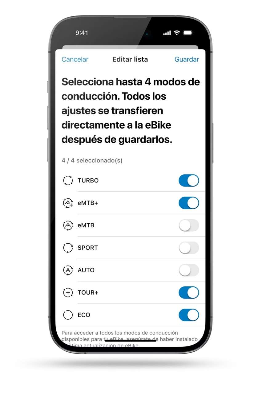 Pantalla de la aplicación eBike Flow: lista de modos de conducción disponibles (Turbo, eMTB+, eMTB, Sport, Auto, Tour+ y Eco) para la personalización individual de la eBike. Puedes seleccionar hasta cuatro modos de conducción. Los seleccionados son "Turbo, eMTB+, Tour+ y Eco".