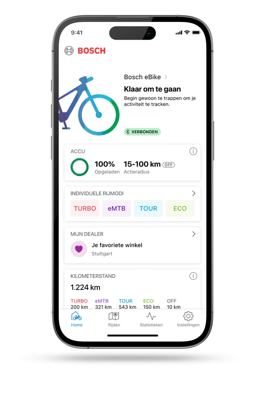 Smartphone met geopende startpagina van de eBike FlowApp.