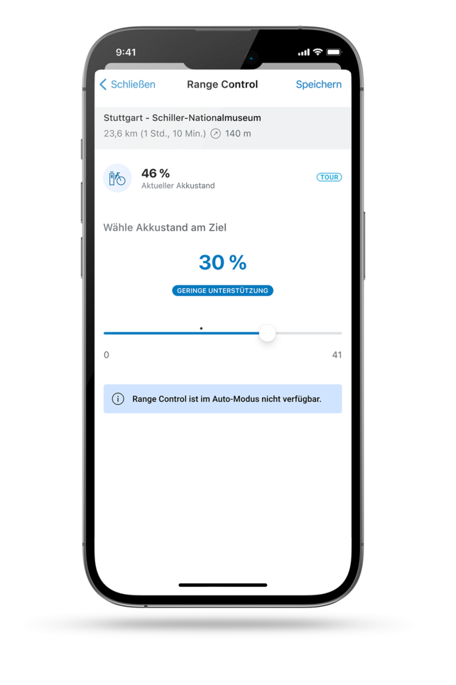 Screenshot des Smartphone-Displays, der die Range Control in der eBike Flow App zeigt.