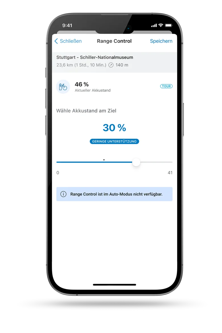 Screenshot des Smartphone-Displays, der die Range Control in der eBike Flow App zeigt.
