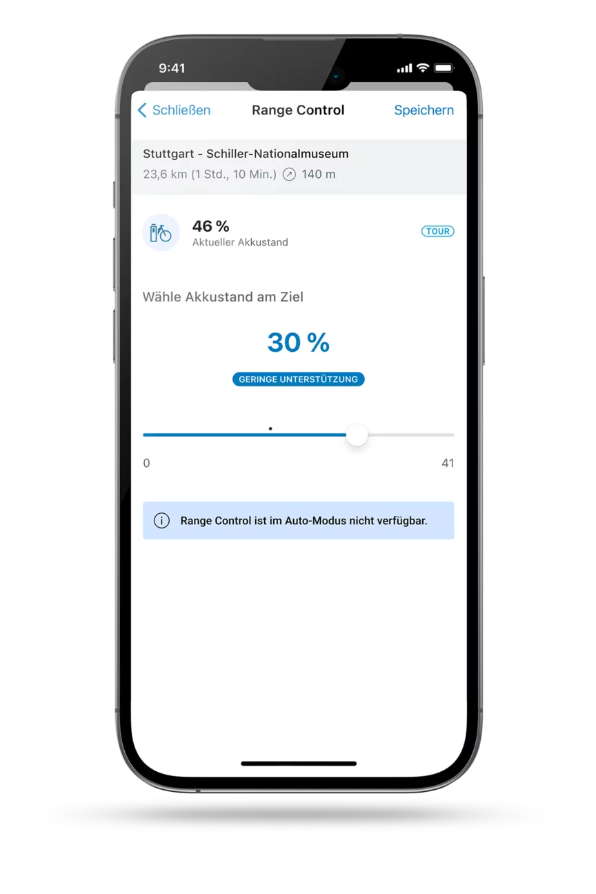 Screenshot des Smartphone-Displays, der die Range Control in der eBike Flow App zeigt.