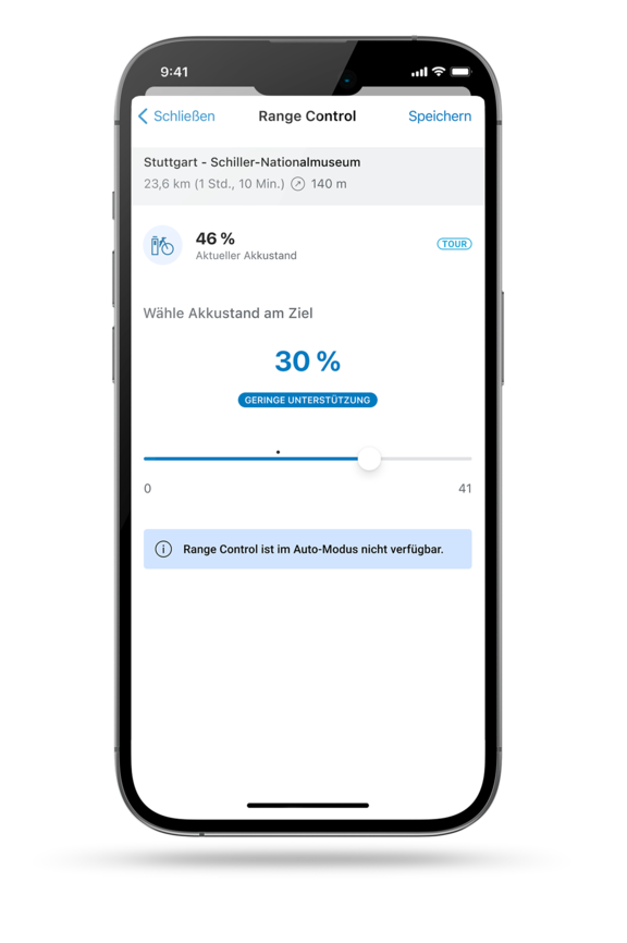 Screenshot des Smartphone-Displays, der die Range Control in der eBike Flow App zeigt.