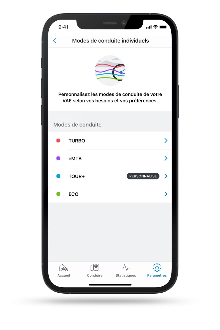 Capture d'écran de l'application eBike Flow avec la sélection de modes ouverte.
