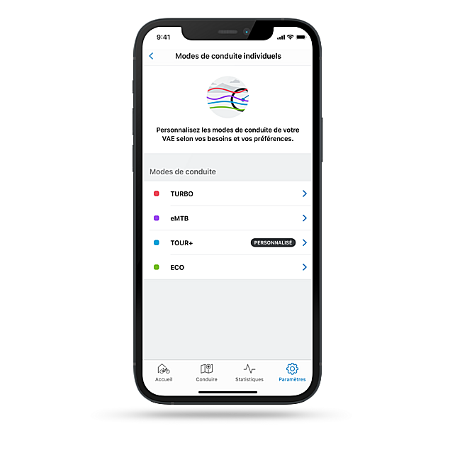 Capture d'écran de l'application eBike Flow avec la sélection de modes ouverte.
