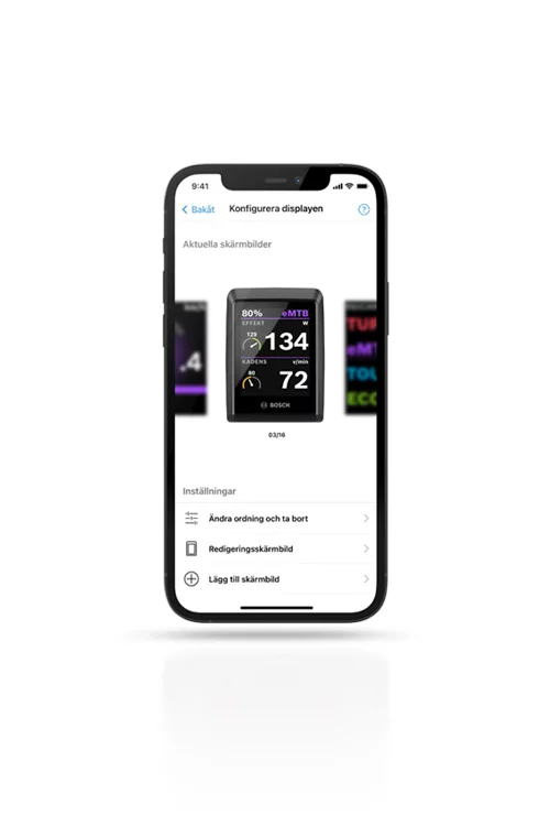 Skärmdump av smarttelefonens display som visar displaykonfigurationen i eBike Flow-appen, inklusive olika inställningsmöjligheter.