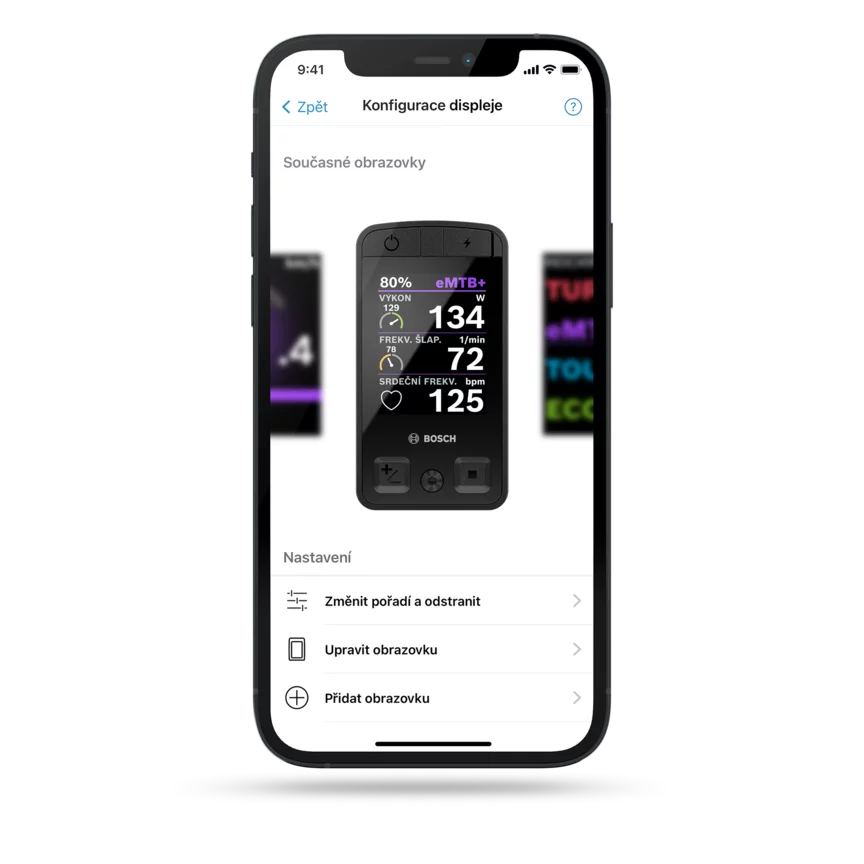 Snímek obrazovky chytrého telefonu zobrazující navigace v aplikace eBike Flow, včetně mapy, přehledu trasy a nastavení navádění k trase.