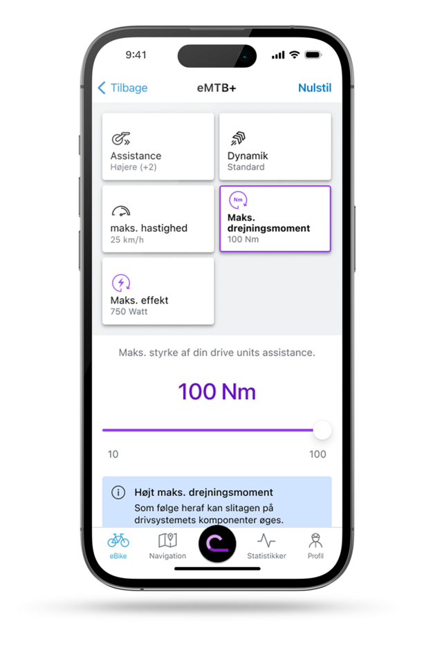EBike flow app skærm med visning af performance-indstilling.
