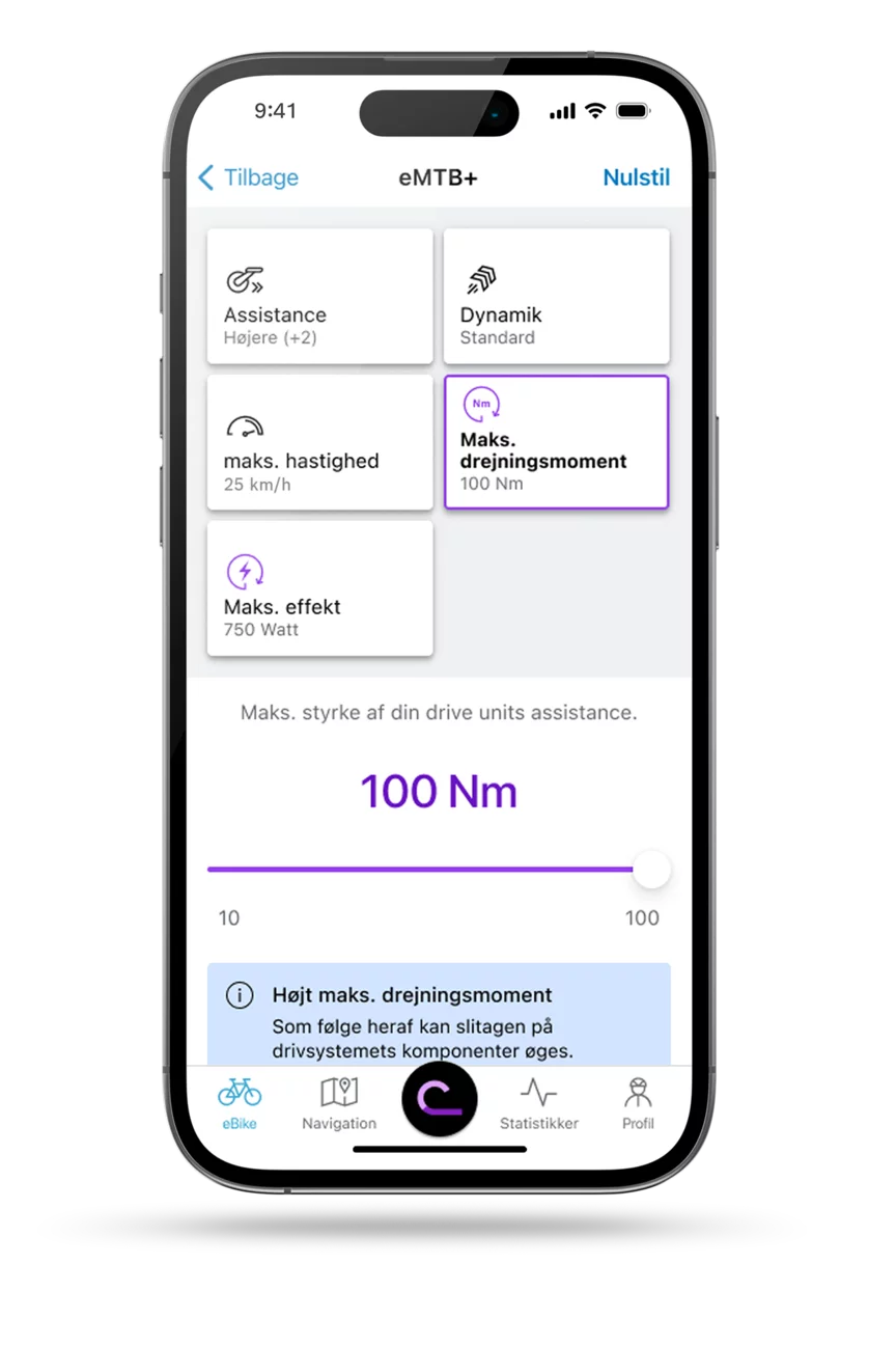 EBike flow app skærm med visning af performance-indstilling.