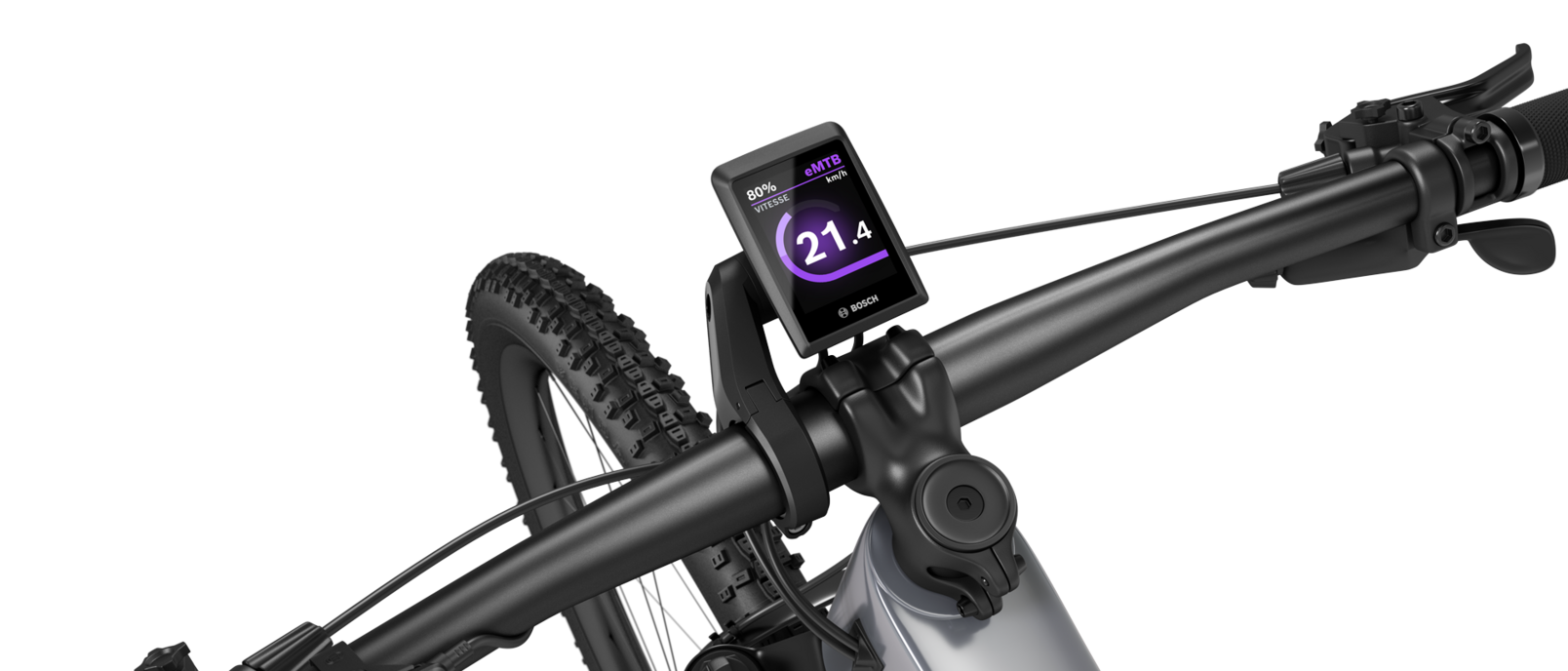 Zoomez sur le guidon d’un vélo électrique à coupe libre, sur lequel on peut voir un Kiox 300.