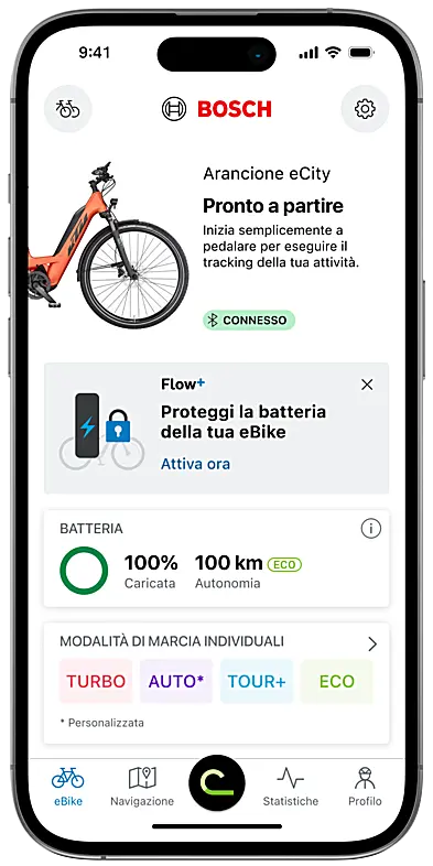 screenshot della app eBike Flow: schermata iniziale con un avviso sulla funzione "Proteggi il tuo batteria eBike" e la possibilità di una prova gratuita.