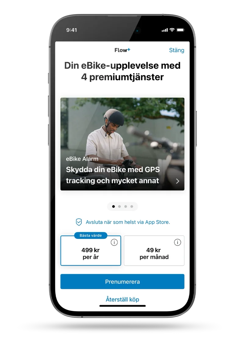 Skärmdump av den öppna eBike Flow-appen som visar prenumerationsalternativ; för Flow+: 39,99 € per år eller 4,99 € per månad.