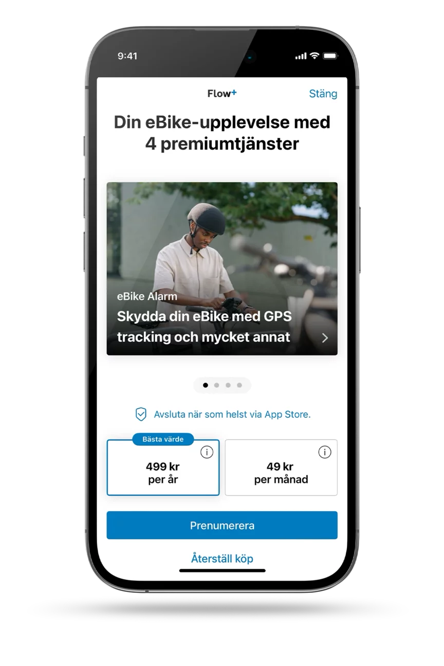 Skärmdump av den öppna eBike Flow-appen som visar prenumerationsalternativ; för Flow+: 39,99 € per år eller 4,99 € per månad.