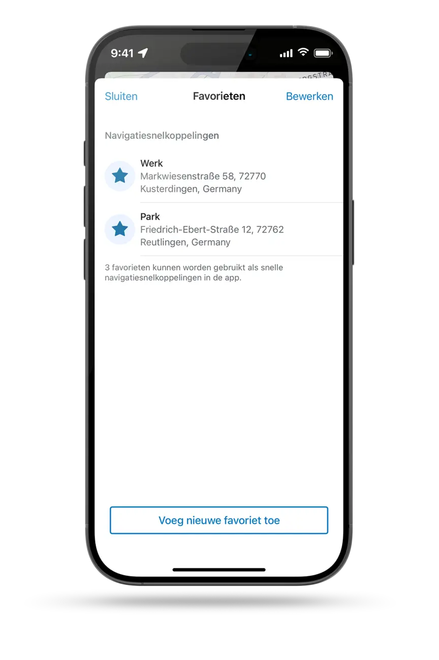 Screenshot van een smartphonescherm dat de navigatiesneltoetsen van de eBike Flow-app toont, waaronder twee favorieten, "Werk" en "Park", en de optie "Nieuwe favoriet toevoegen".