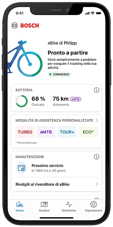 Telefono facoltativo con app eBike Flow aperto nella home page.