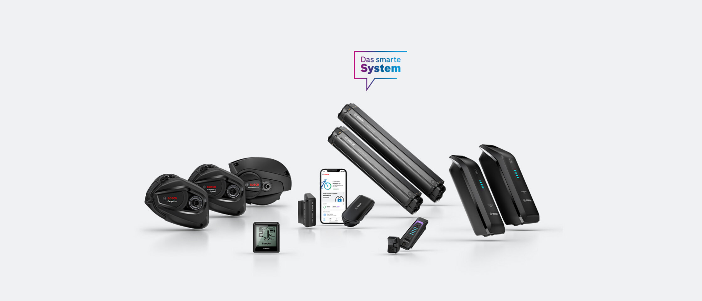 Drive Units, Cargo Line, Performance Line und Performance Line Speed, die Akkus PowerTube 500 und 625, die PowerPacks 545 und 725, eBike ABS, eBike Alarm, das Display Intuvia 100, der System Controller und der Mini Remote sowie ein Smartphone mit geöffneter eBike Flow App, freigestellt abgebildet.