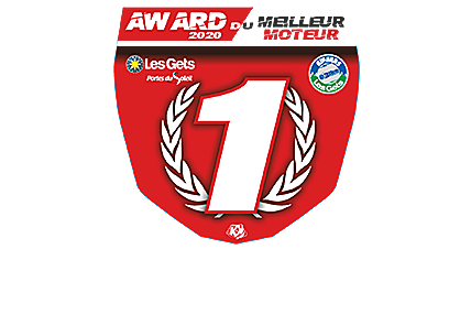 Icon with the text "AWARD 2020 FOR THE BEST ENGINE": A red crest with the number one in the middle, surrounded by a laurel wreath.