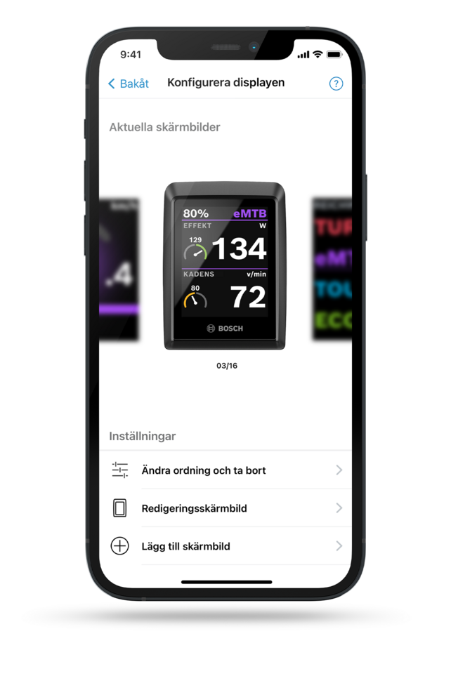 En skärmdump av en smartphone visar en Kiox-display i bakgrunden, med en meny öppen i förgrunden och texten "Välj kördata". Under menyn finns alternativ: ABS-läge, batteri (eBike), batteri (smartphone), ankomsttid (navigering), stigning, bromstid.
