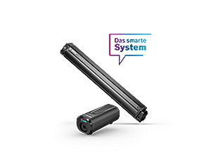 Freigestellte PowerMore 250 und PowerTube 750 auf hellgrauem Hintergrund mit Sprechblase 'Das smarte System'.