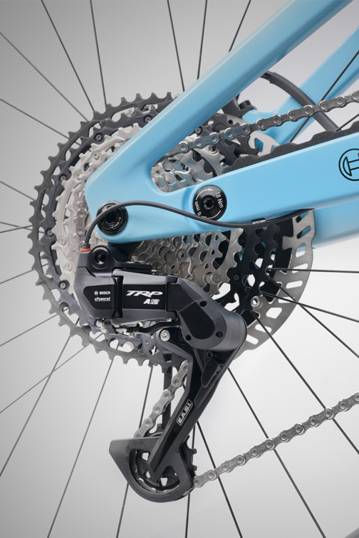 Zoom in on the eShift TRP rear derailleur of an eBike with a light blue frame.
