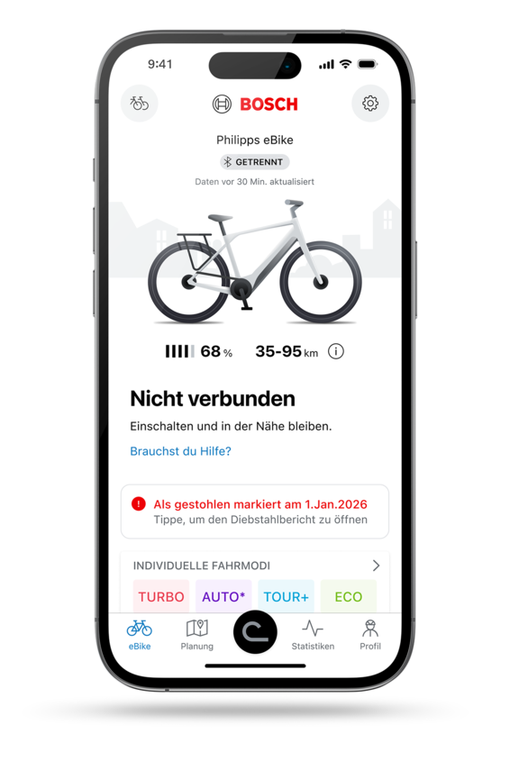 Startbildschirm der eBike Flow App: Ein gestohlenes eBike mit getrennter Bluetooth-Verbindung.