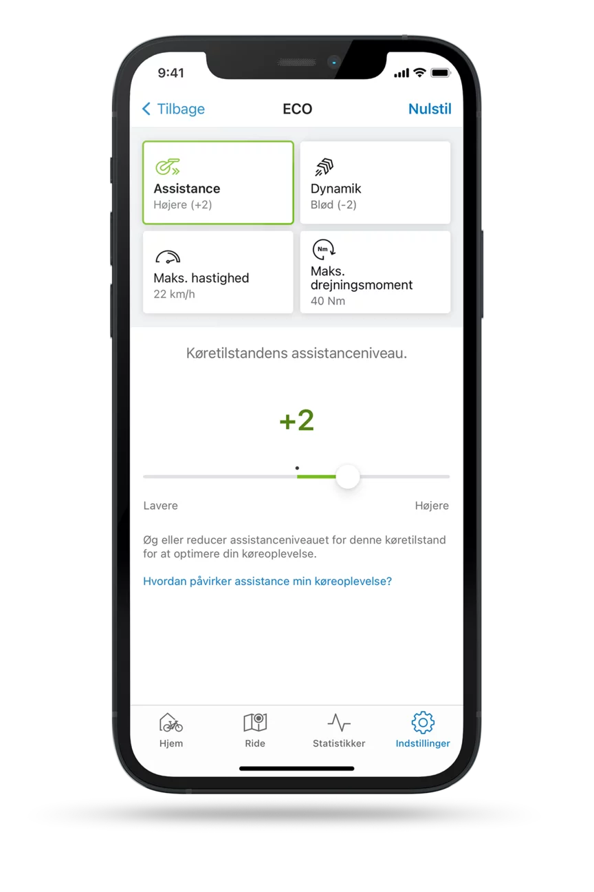 Isoleret skærmbillede af eBike Flow-app med åben indstilling for assistancefunktionen i ECO-tilstand.