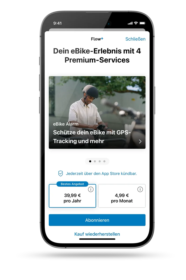 Screenshot der geöffneten eBike Flow App, zeigt Abo-Optionen; für Flow+: 39,99 € pro Jahr oder 4,99 € monatlich.