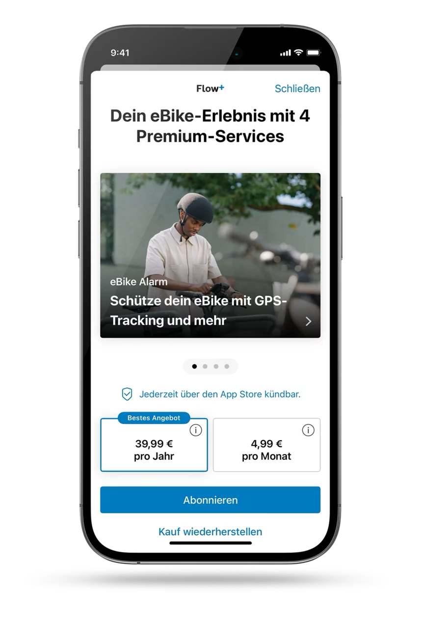 Screenshot der geöffneten eBike Flow App, zeigt Abo-Optionen; für Flow+: 39,99 € pro Jahr oder 4,99 € monatlich.