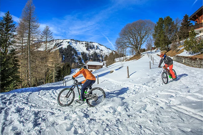 Two people taking a corner on snow