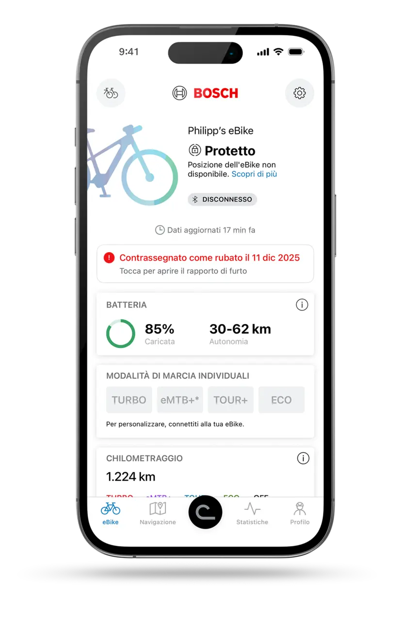 Schermata iniziale dell'app eBike Flow: una eBike rubata con la connessione Bluetooth disattivata e tutti i livelli di assistenza visualizzati in grigio.