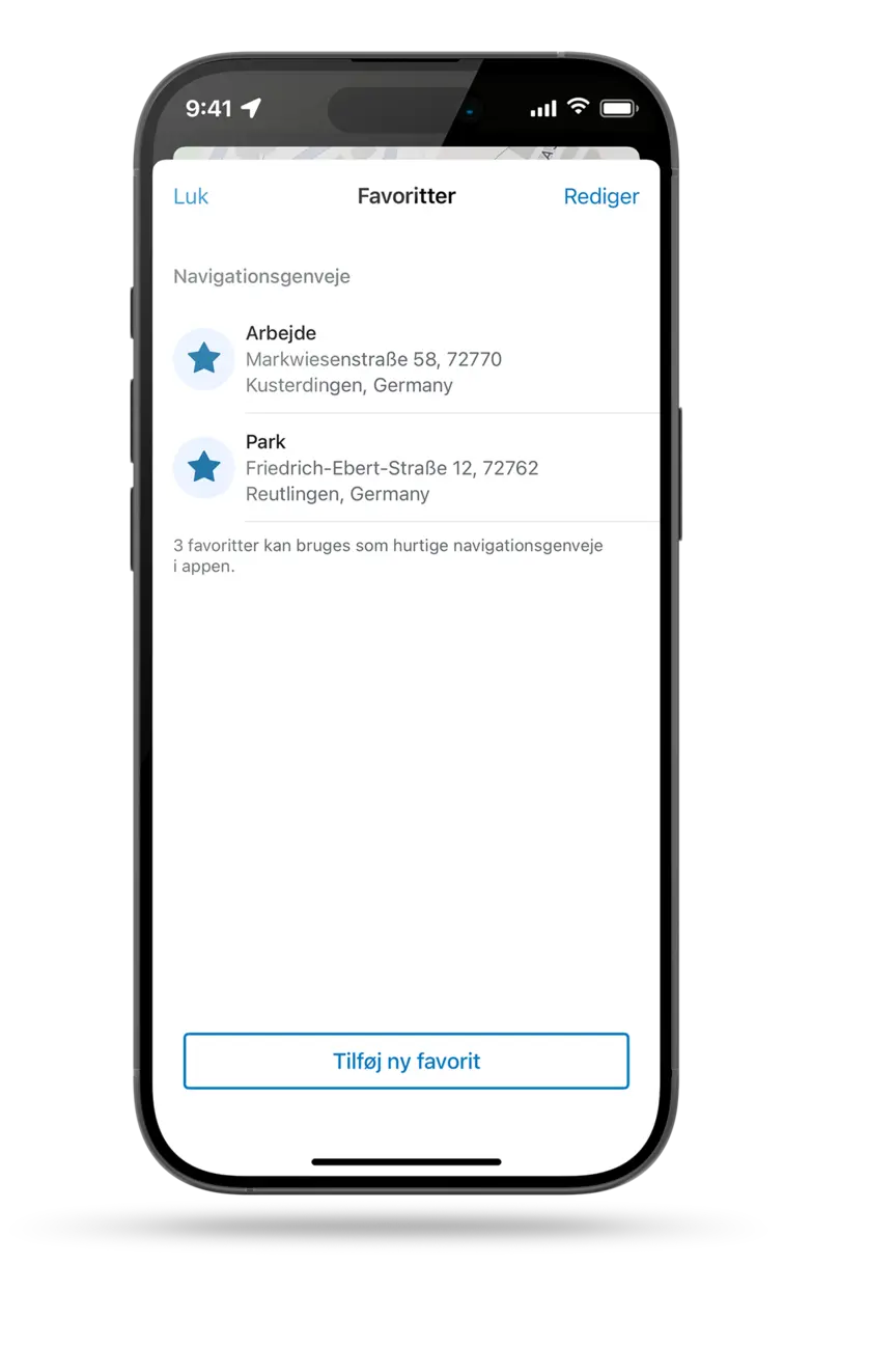 Skærmbillede af en smartphoneskærm, der viser eBike Flow-app'ens navigationsgenveje, herunder to favoritter, "Arbejde" og "Park", samt muligheden "Tilføj ny favorit".