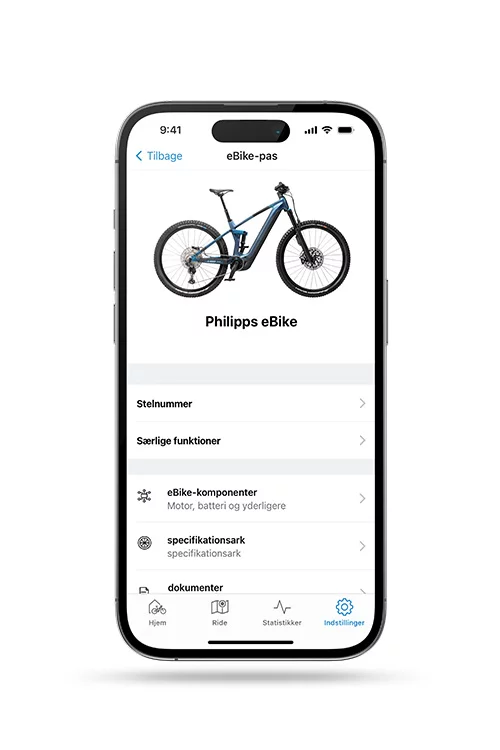 eBike-pass på en valgfri smartphone, vist ved siden af en eBike med relevante oplysninger.
