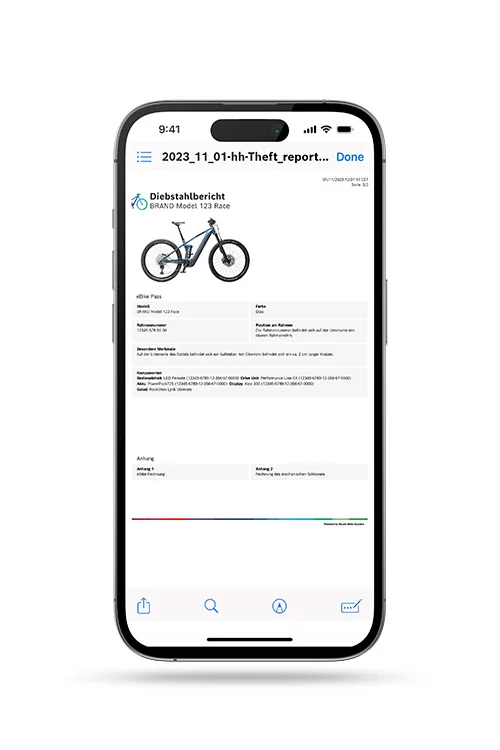 Auf einem freigestellten Smartphone ist ein Diebstahlbericht in der eBike Flow App zu sehen.