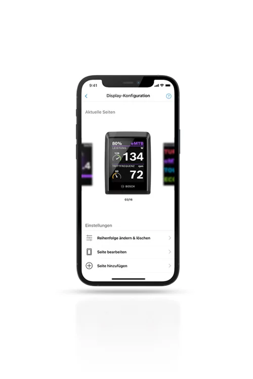 Screenshot des Smartphone-Displays, der die Display-Konfiguration in der eBike Flow App anzeigt, inklusive möglicher Einstellungen.