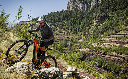 eBike-Fahrer fährt einen steinigen Hügel in der Natur hinauf.