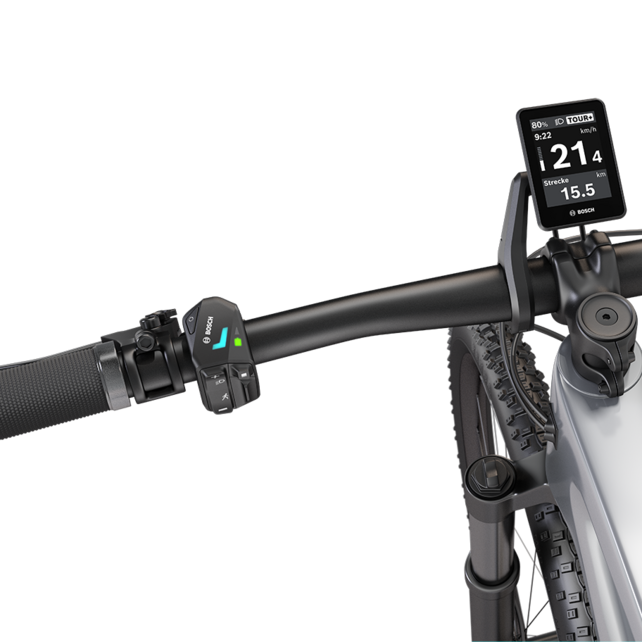 Een e-bike stuur met de Bosch Intuvia 200 display en de LED Controller bedieningseenheid. De display toont de huidige rijgegevens.