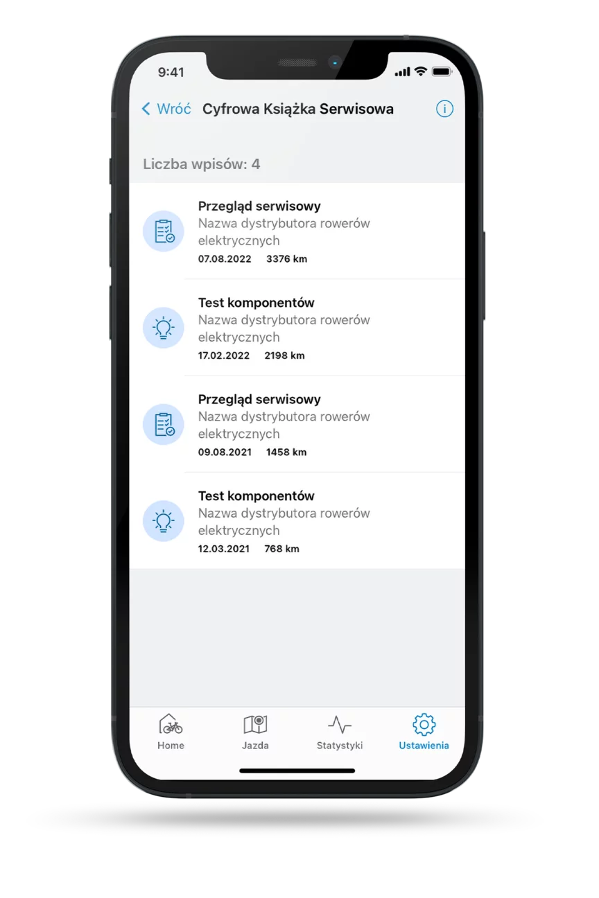 Przycięty telefon z otwartą aplikacją eBike Flow wyświetlającą cyfrowe książki serwisowe.