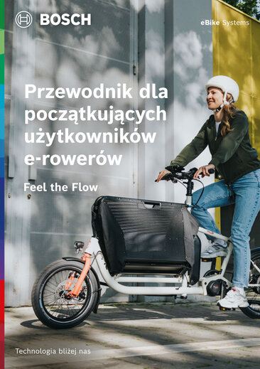 Okładka broszury produktowej z tekstem Your rower ze wspomaganiem elektrycznym / e-rower Starter Guide", poniżej "Feel the Flow". W tle znajduje się rower elektryczny. W prawym górnym rogu widnieje napis "rower ze wspomaganiem elektrycznym / e-rower Systems".