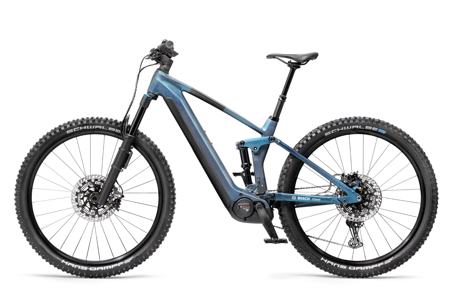 An e-mountain bike with a Bosch mid-drive motor at the cranks