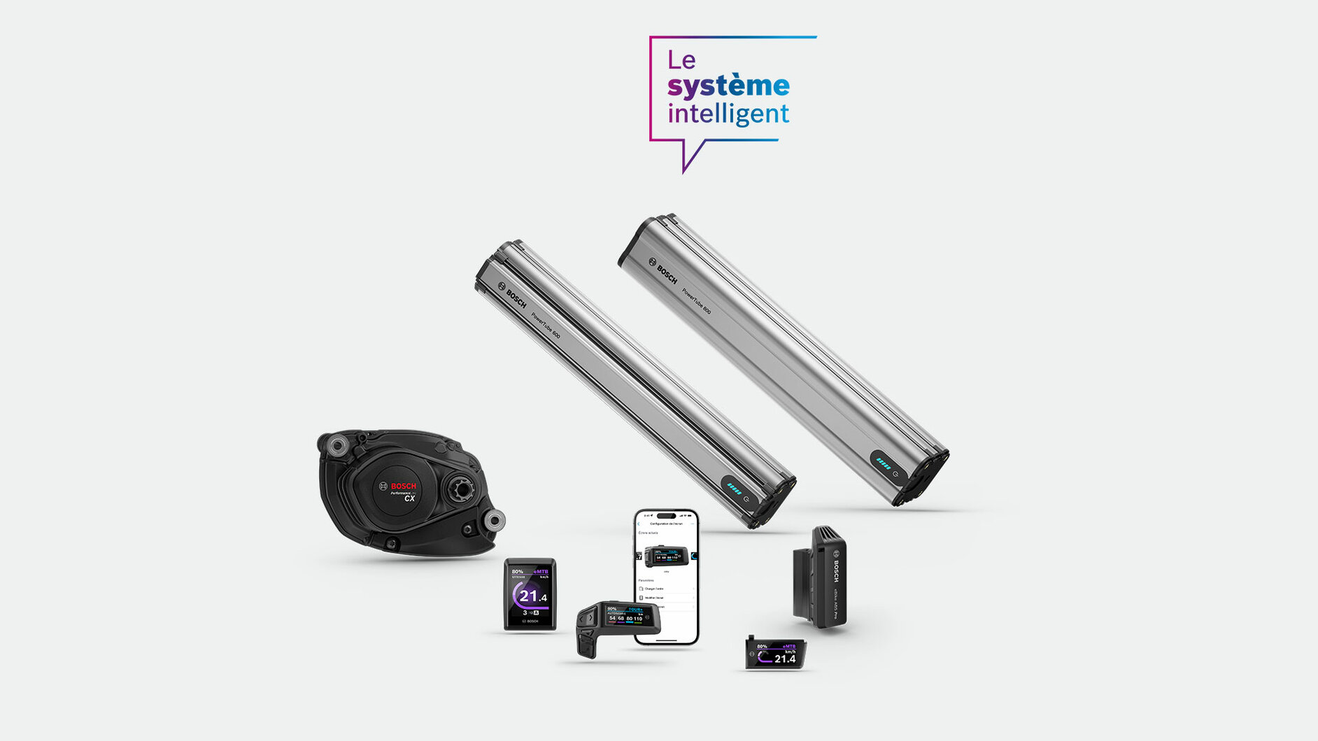 Présentation recadrée des PowerTube 600, PowerTube 800, Performance Line CX, Bosch eBike ABS Pro, Purion 400, aide au démarrage en côte et Mini Remote sur un fond gris clair avec une bulle de parole « Le système intelligent ».