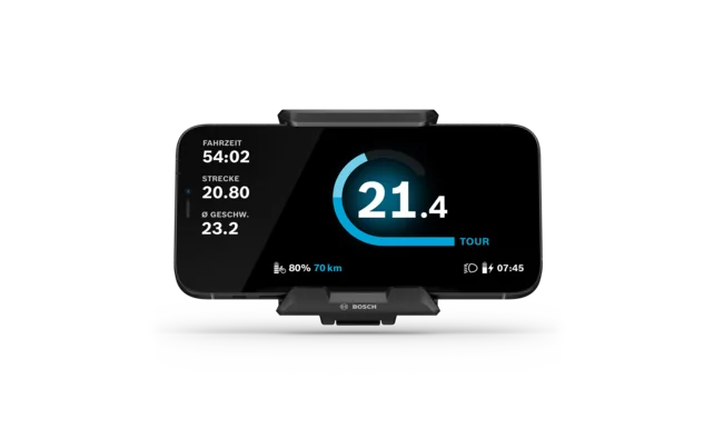 Cropped display of the SmartphoneGrip with Smartphone in Tour mode on a light gray background.