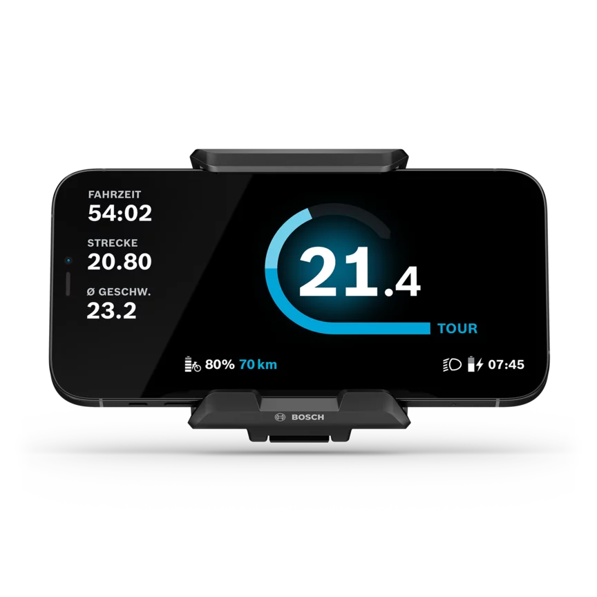 Freigestellte Darstellung des SmartphoneGrip mit Smartphone im Tour Modus auf hellgrauem Hintergrund.