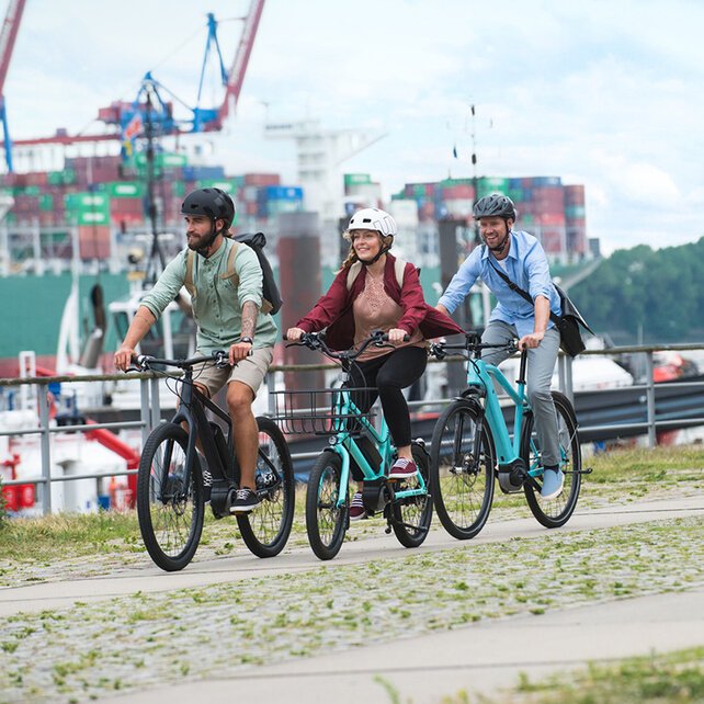 Drie e-bike rijders rijden achter elkaar langs een haven, op de achtergrond zijn schepen te zien.