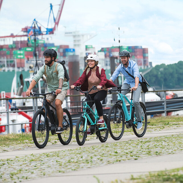 Tre eBike, bikers, guidano uno dietro l'altro lungo un porto, sullo sfondo si possono vedere le navi.
