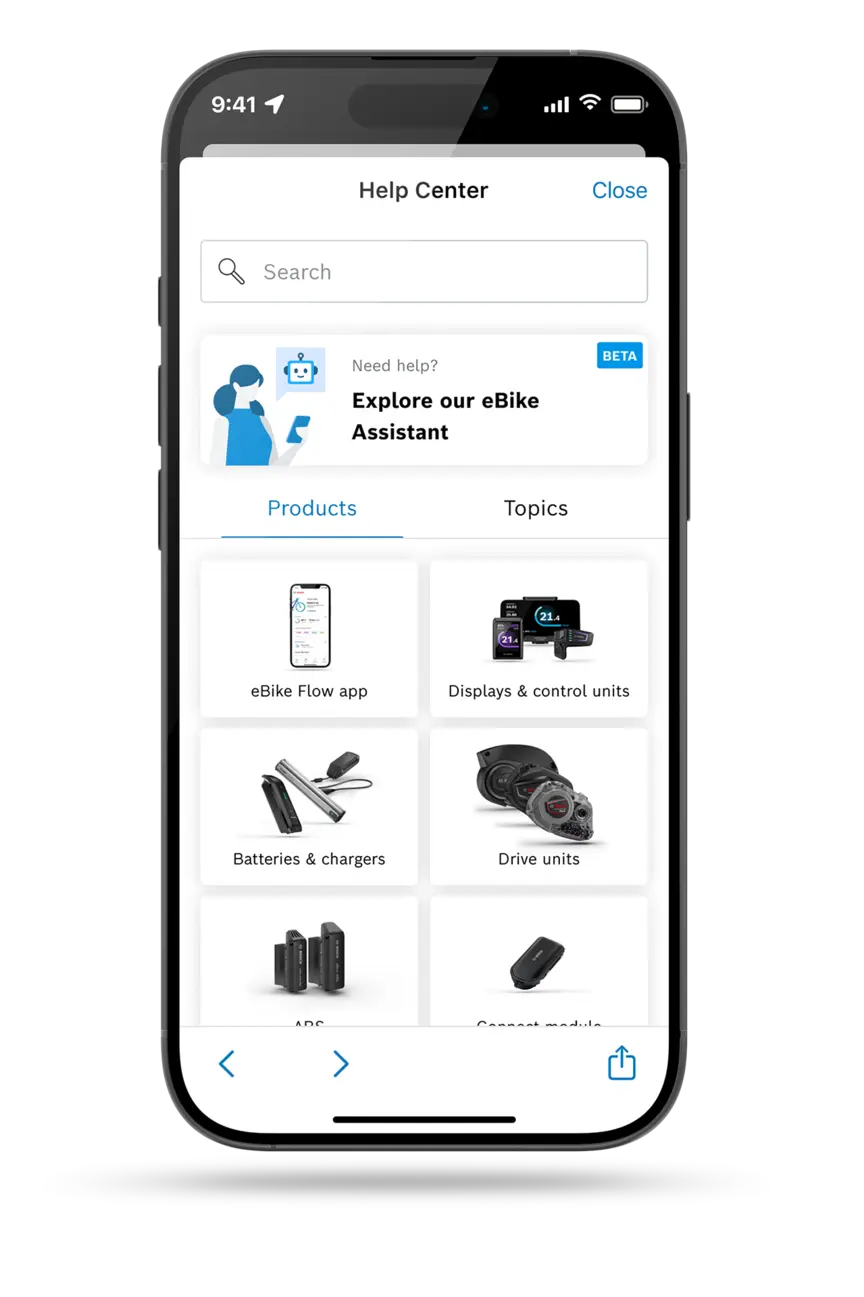 Screenshot of the E-Bike Help Center app. Overview of components like app, batteries, displays, and drive units to help you find solutions.