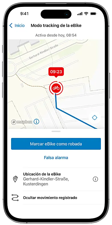 Pantalla del pase eBike en la aplicación eBike Flow en un smartphone recortado, junto a una eBike e información relevante.