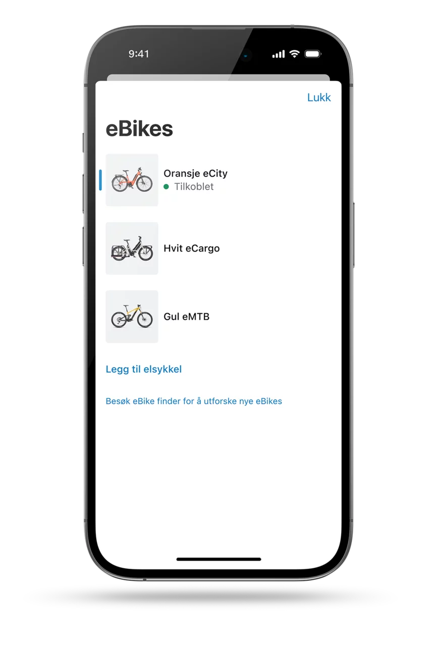 eBike Flow-appen skjermbilde vises som en utsnitt. Skjermbildet viser den digitale garasjen til eBike Flow-appen, som presenterer tre forskjellige elsykkelmodeller.