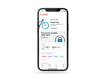Screenshot of the eBike Flow app's home tab, showing the new eBike Alarm service, which adds an additional security feature for eBike users.