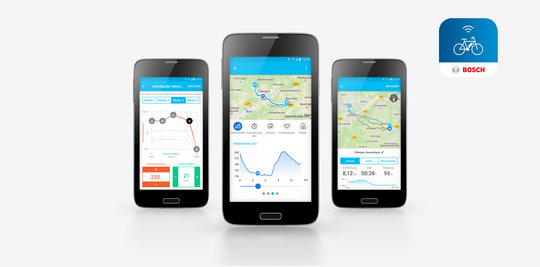 Drei Smartphones mit verschiedenen Anwendungen der eBike Connect App auf dem Display